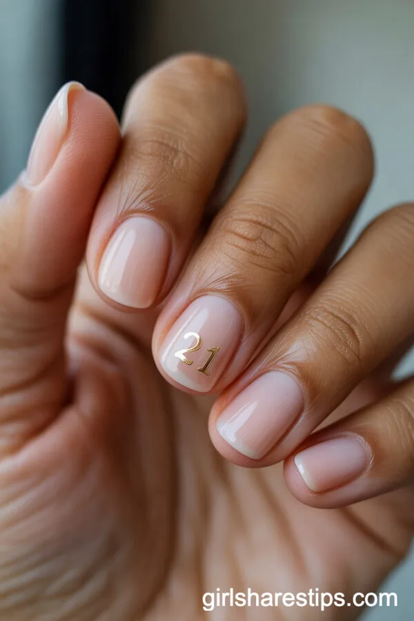 Soft Pink Short Nails with Gold 21 Accent