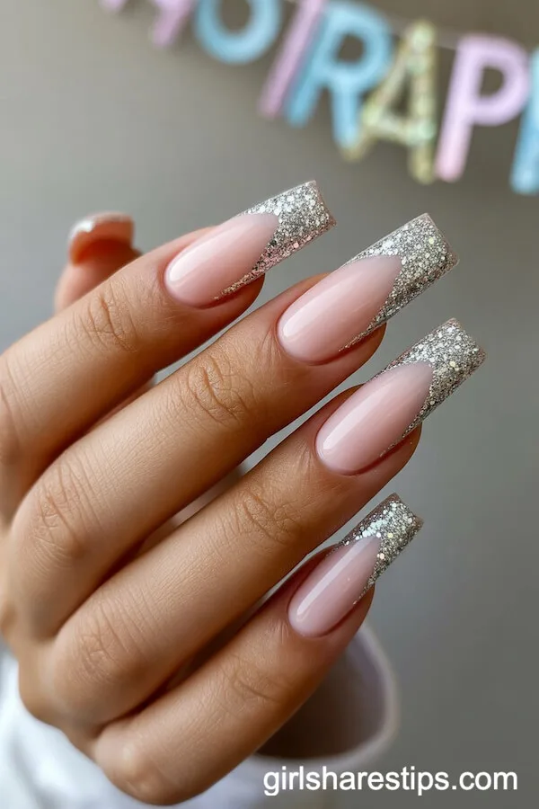 Pink Coffin Nails with Silver Glitter Tips