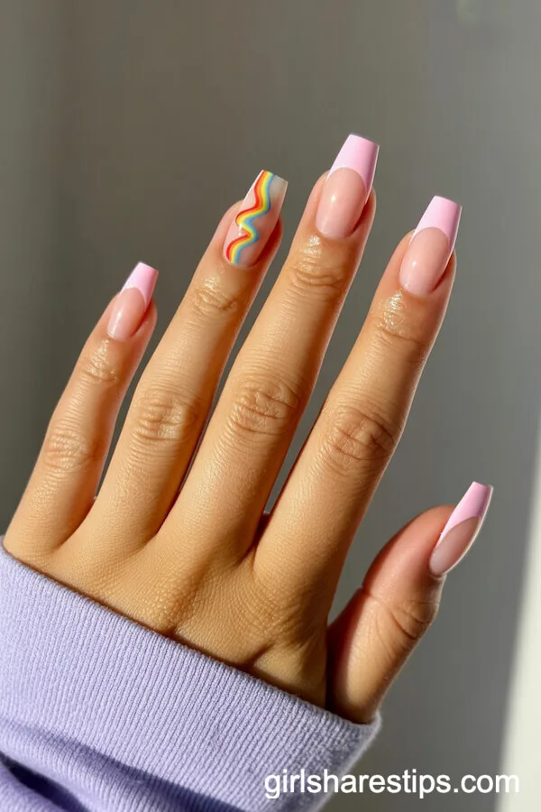 Pastel Pink Coffin Nails with Rainbow Foil Accents