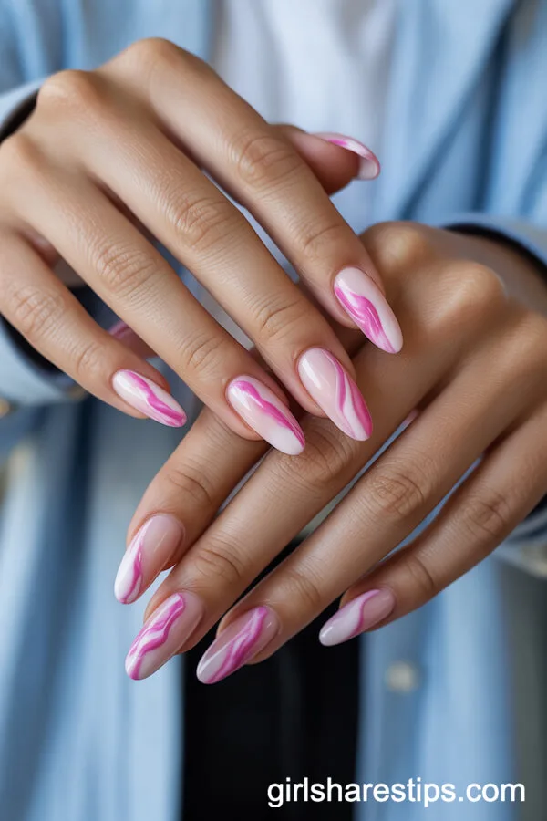 Pink and White Marble Oval Nails