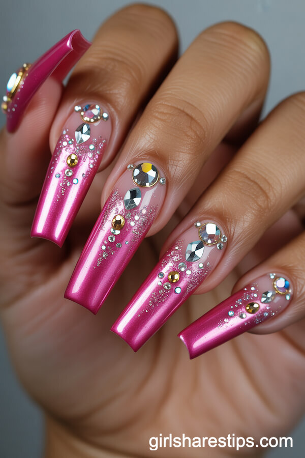 Pink Gradient Coffin Nails with Crystals and Gold Accents