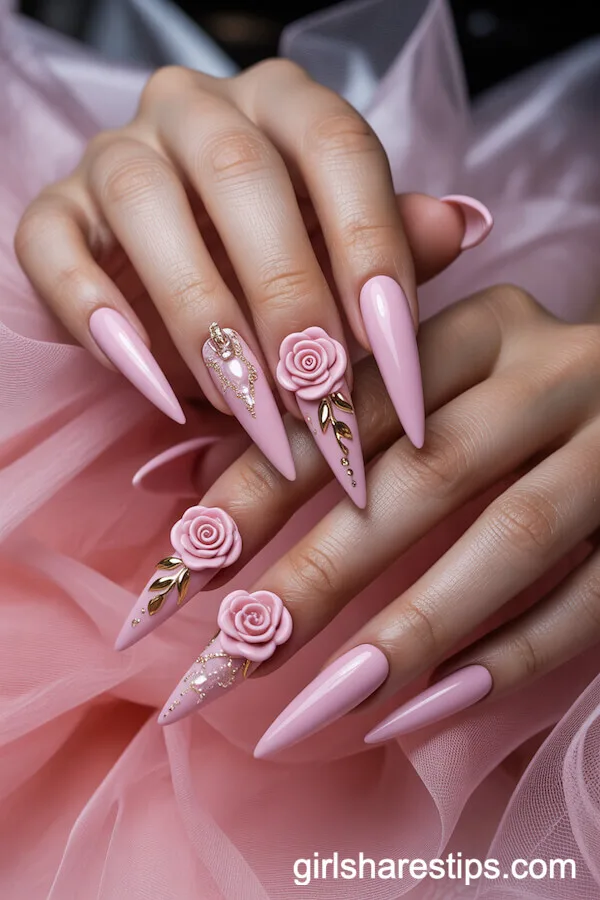 Matte Pink Velvet Stiletto Nails with 3D Roses and Crystals
