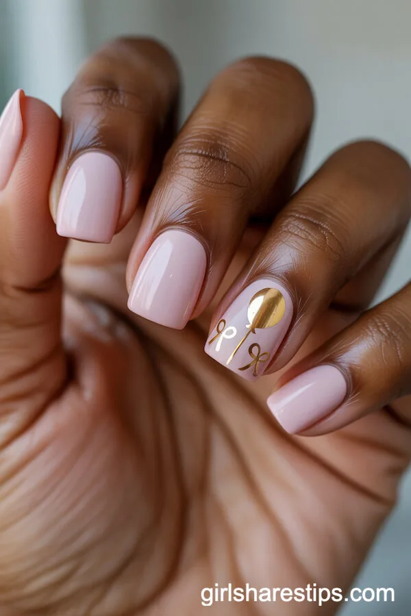 Pastel Pink Square Nails with Gold Foil Birthday Accents