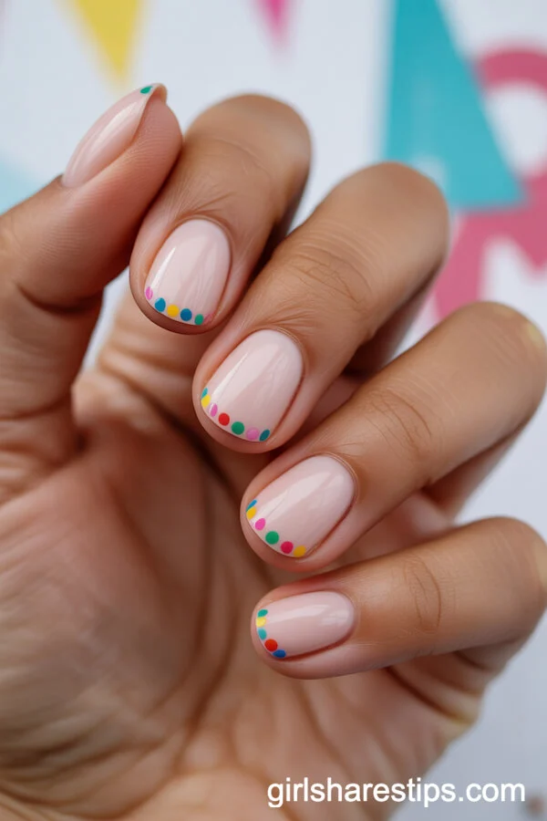 Light Pink Round Nails with Colorful Confetti Dots