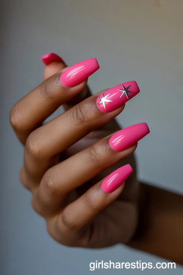 Hot Pink Coffin Nails with Silver Star Accents