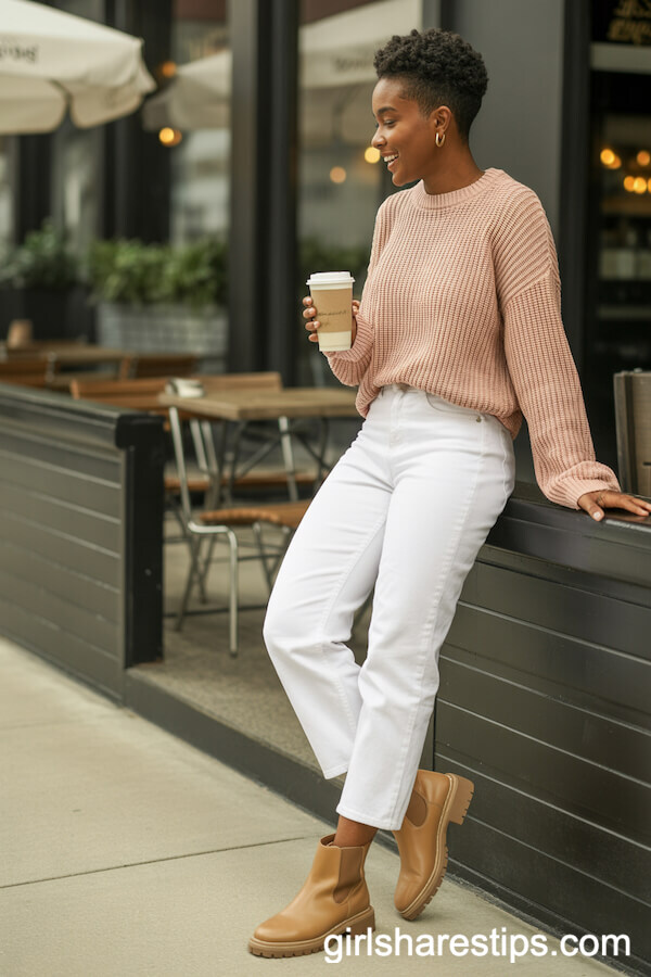 Casual Pale Pink Chunky Knit Sweater with White Jeans