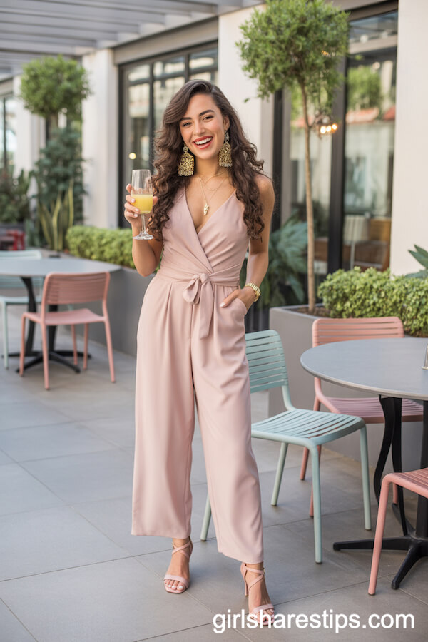 Chic Blush Pink Jumpsuit with Gold Accessories