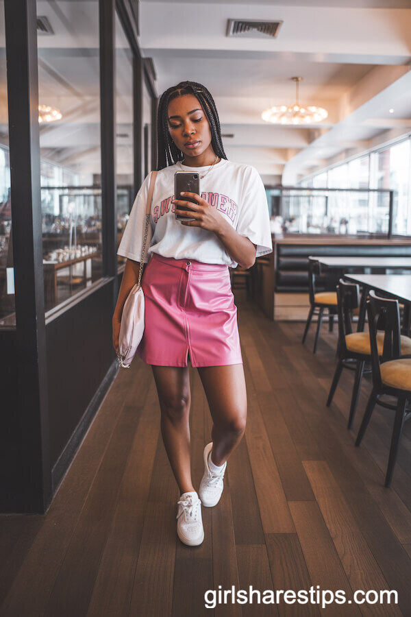 Candy Pink Leather Skirt with Oversized Tee Brunch Style