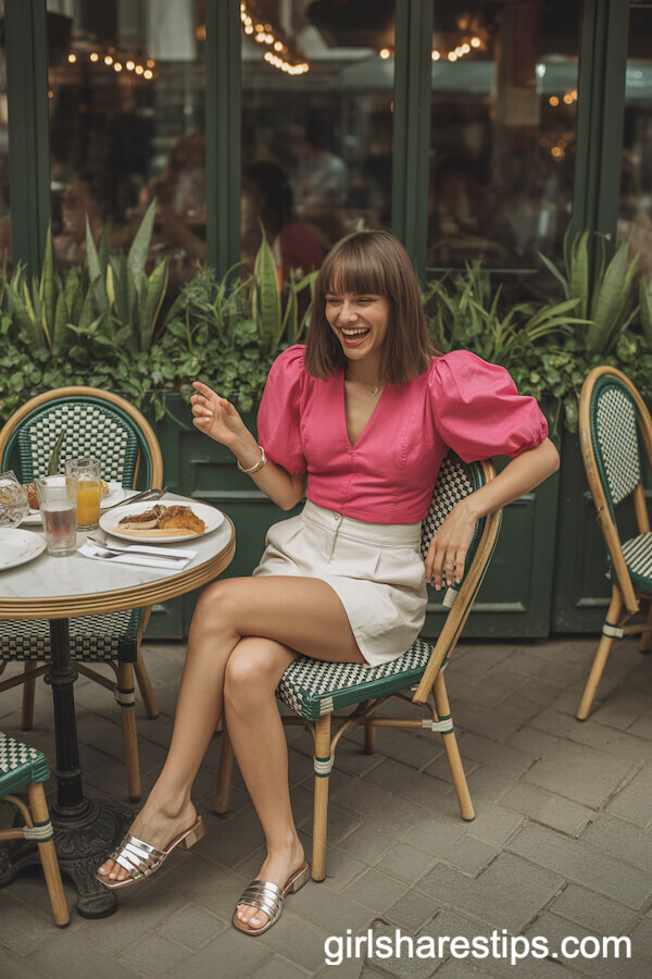 Vibrant Pink Puff-Sleeve Top and Cream Shorts Duo