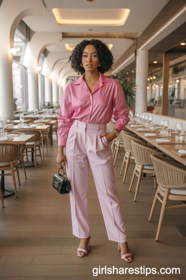 Tailored Pastel Pink Trousers with a Bold Pink Blouse