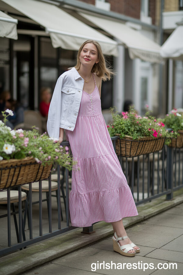 Pink and White Striped Sundress with White Denim Accents