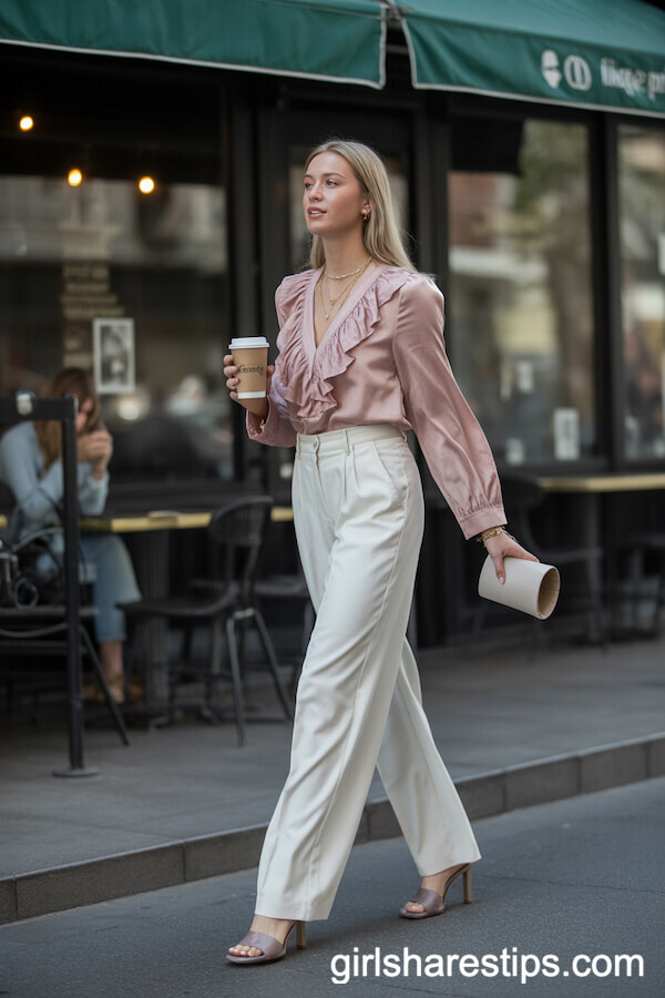 Ruffled Dusty Pink Blouse Wide-Leg White Trousers