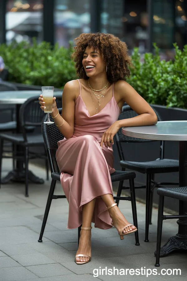 Rose-Pink Satin Slip Dress with Gold Accents