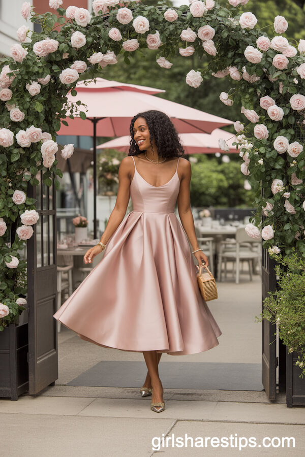 Elegant Blush Pink Satin Midi Dress with Gold Details