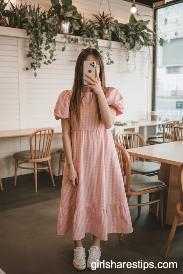 Pink Gingham Midi Dress Paired with Sneakers for a Relaxed Brunch