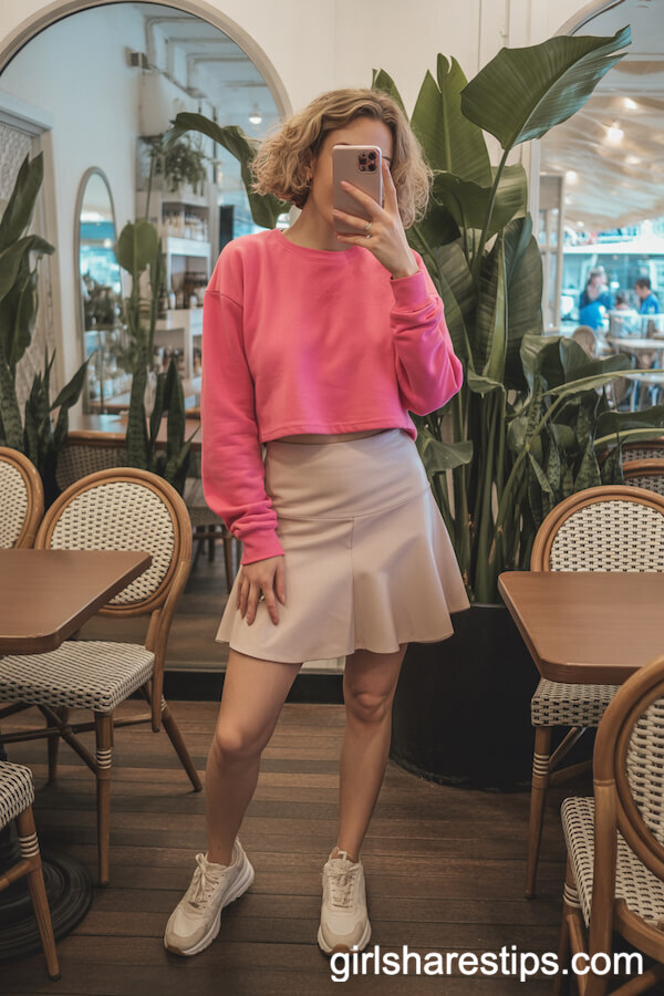Bright Pink Cropped Sweatshirt and Flared Skirt Combo