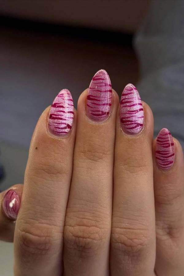 Pink Cat Eye Nails with Pink Zebra Stripes