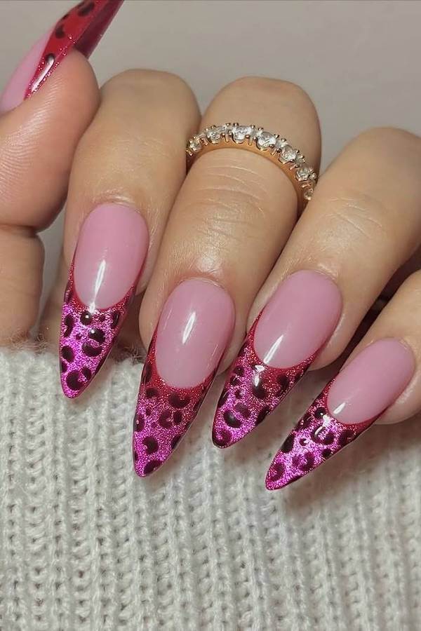 Pink Cat Eye Leopard French Tips
