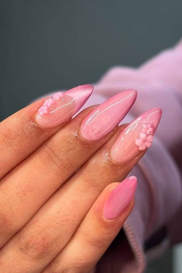 Pink Cat Eye Nails with 3D Pink Flowers