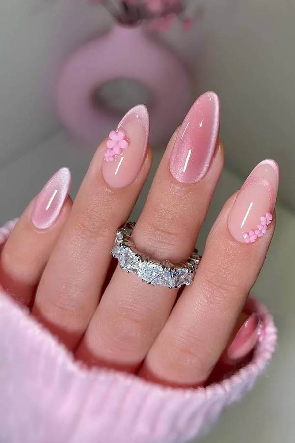 Pink Cat Eye Nails with Delicate 3D Florals