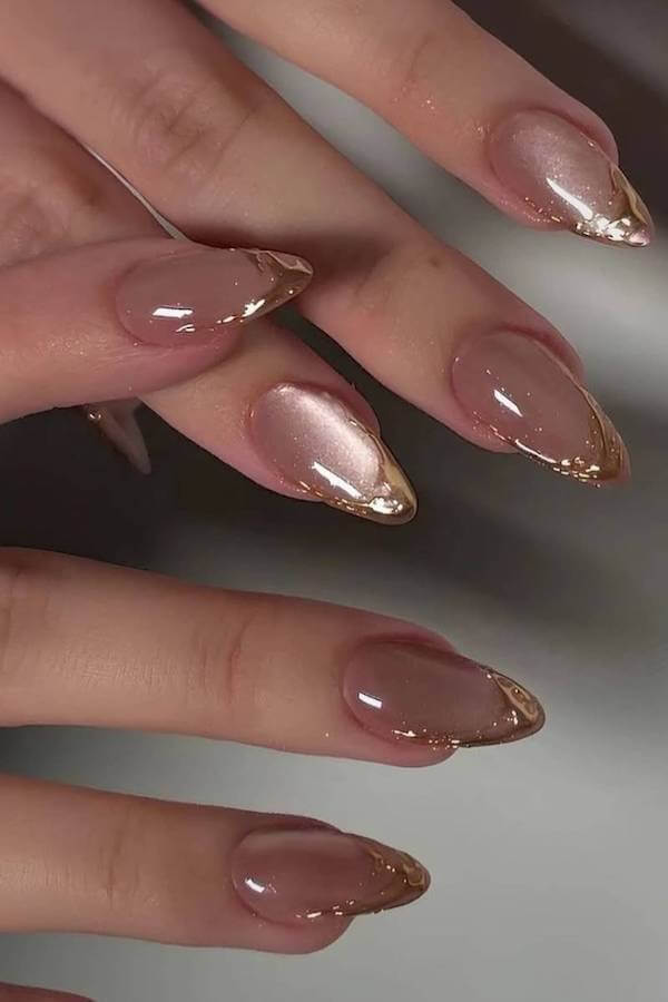 Rose Gold French Tip Cat Eye Nails