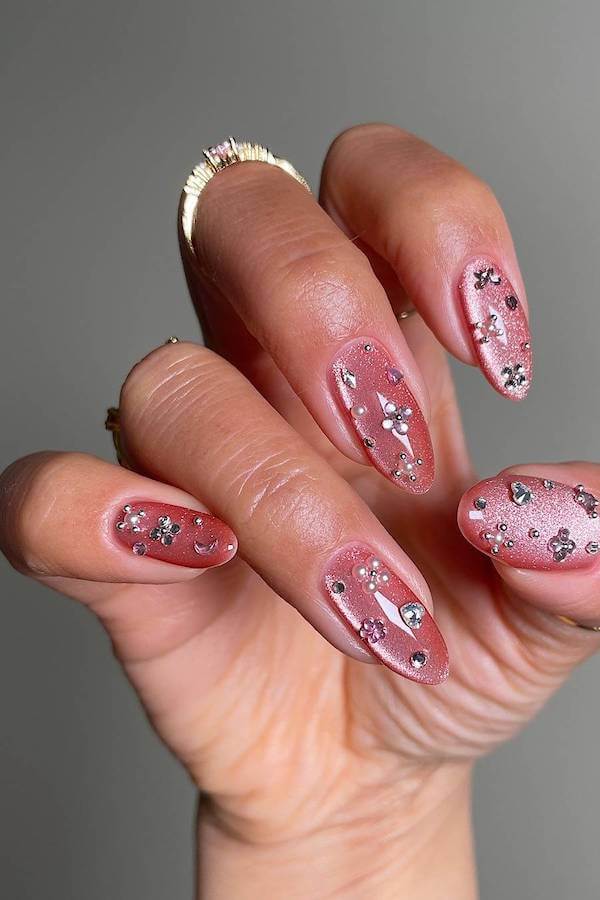 Pink Cat Eye Nails with Silver Rhinestone Flowers