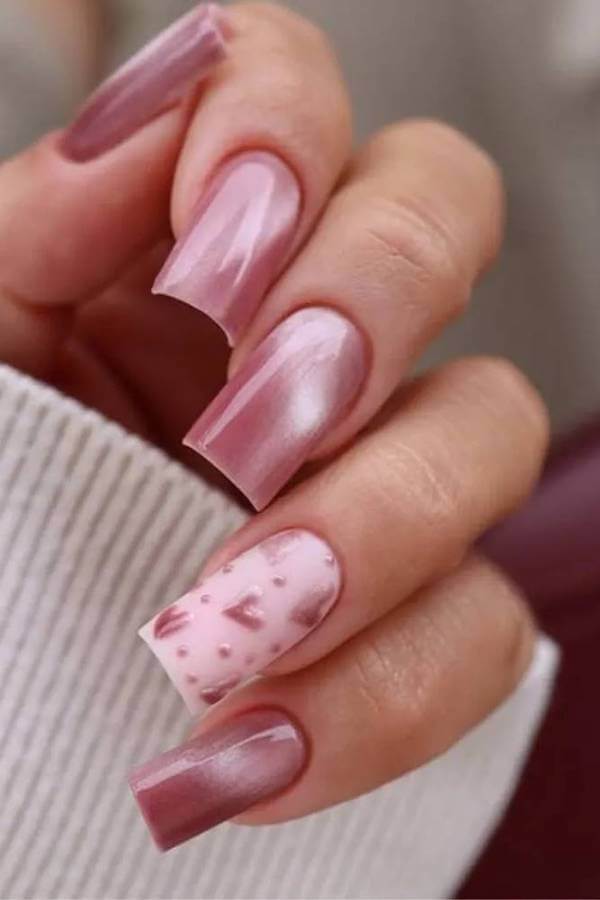 Matte Pink Cat Eye Nails with Sweater Heart Accent