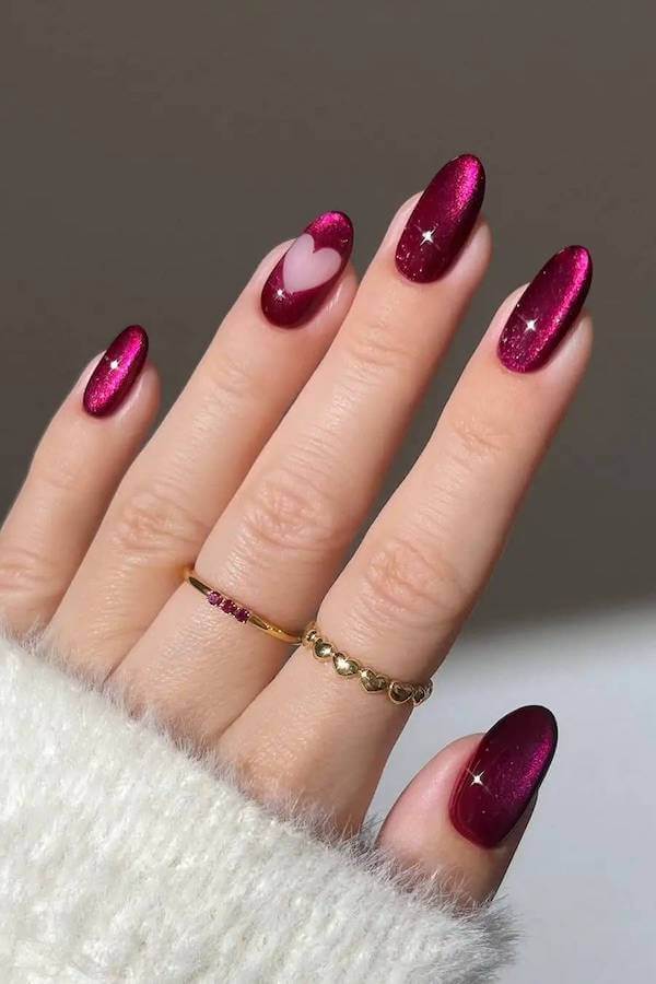 Deep Pink Cat Eye Nails with Heart Accent