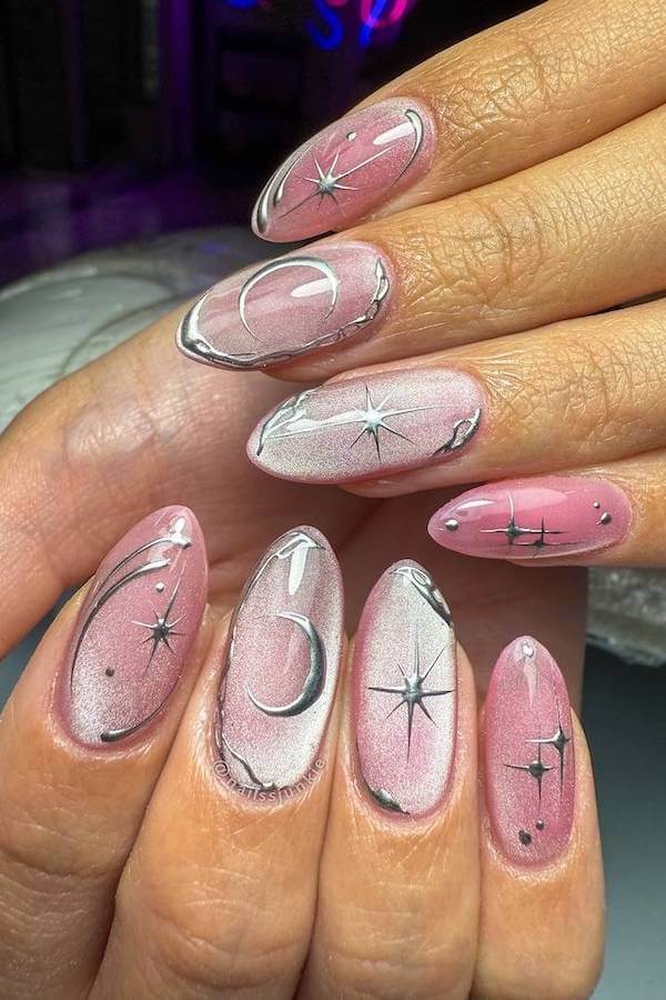 Pink Cat Eye Nails with Moon and Star Art