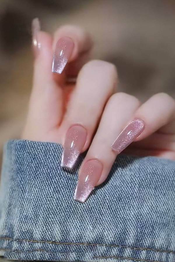 Coffin Pink Cat Eye Nails with Glitter Ombre