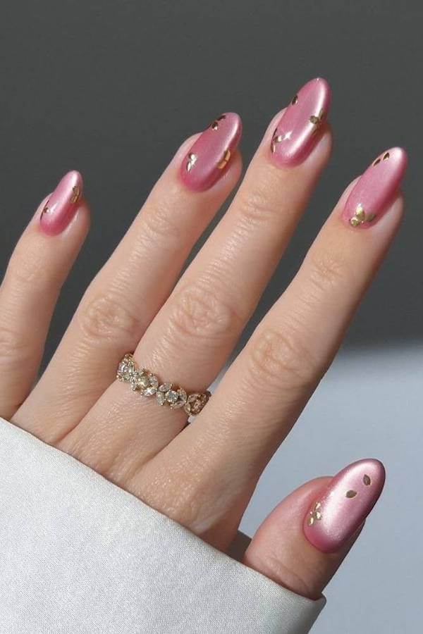 Pink Cat Eye Nails with Gold Foil Accents