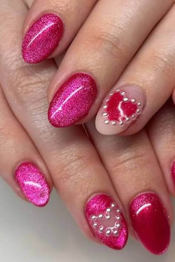 Shimmery Pink Cat Eye Nails with Pearl Hearts