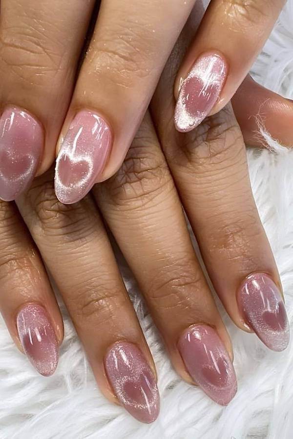 Pink Cat Eye Nails with Heart Details