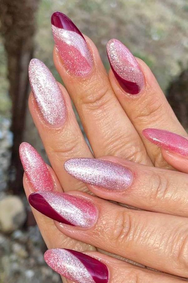 Pink and Burgundy Swirl Cat Eye Nails