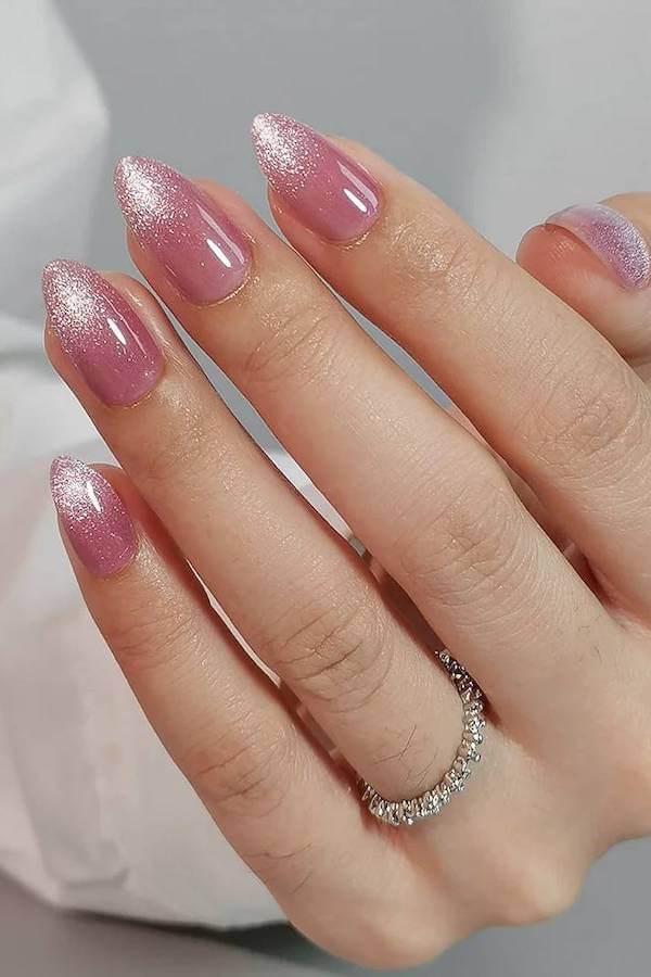 Pink Cat Eye Nails with Silver Glitter Tips