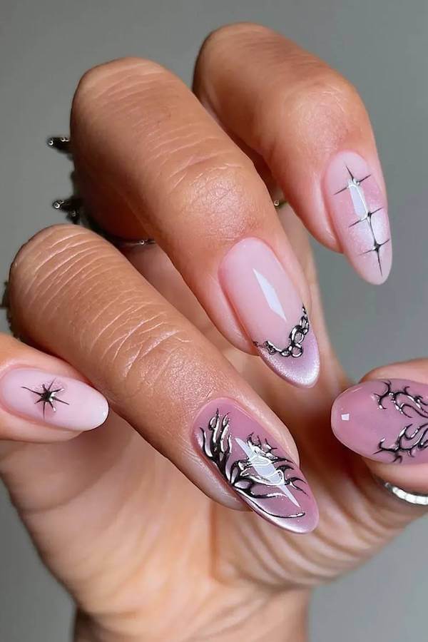 Pink Cat Eye Nails with Silver Chain Art