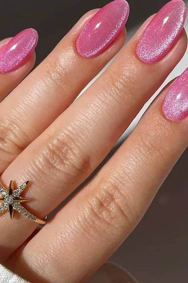 Glitter Bright Pink Cat Eye Nails