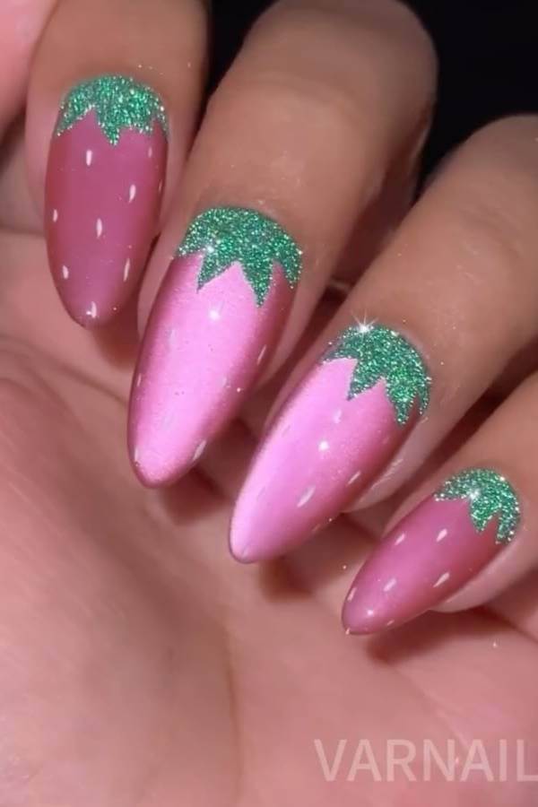 Pink Cat Eye Strawberry Nails