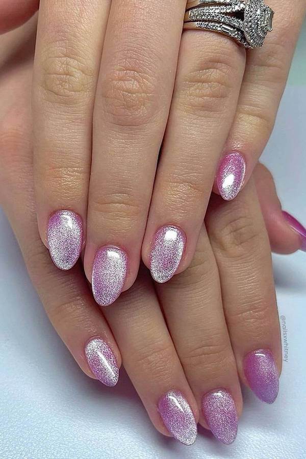 Shimmering Silver Pink Cat Eye Nails