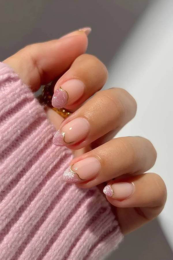 Pink Cat Eye French Tips with Gold Outline