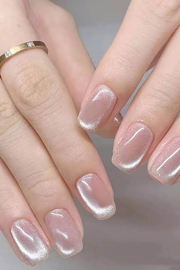 Pink Cat Eye Nails with Glitter Fade Tips