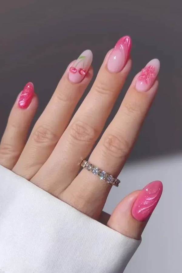Pink Cat Eye Nails with Cherry and Floral Accents