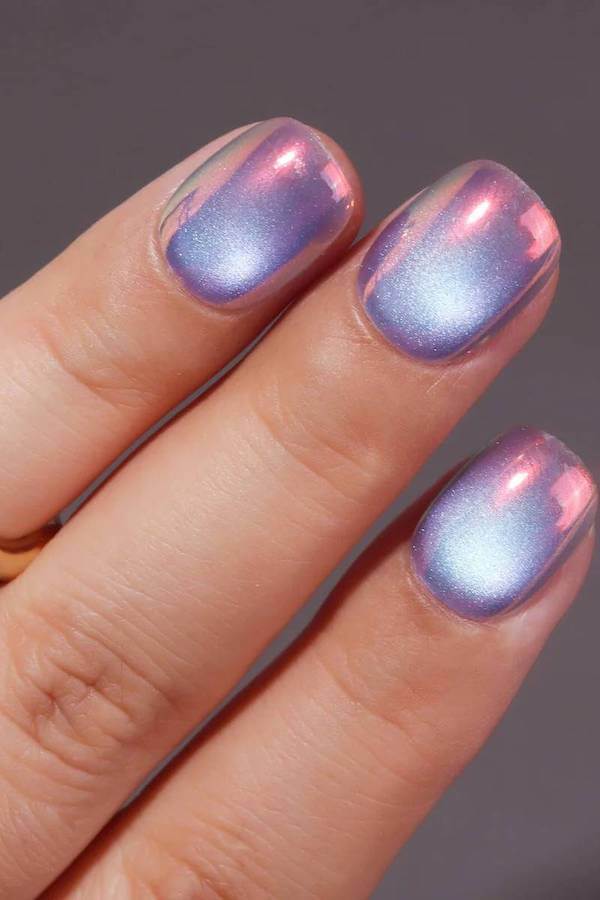 Holographic Pink and Blue Cat Eye Nails