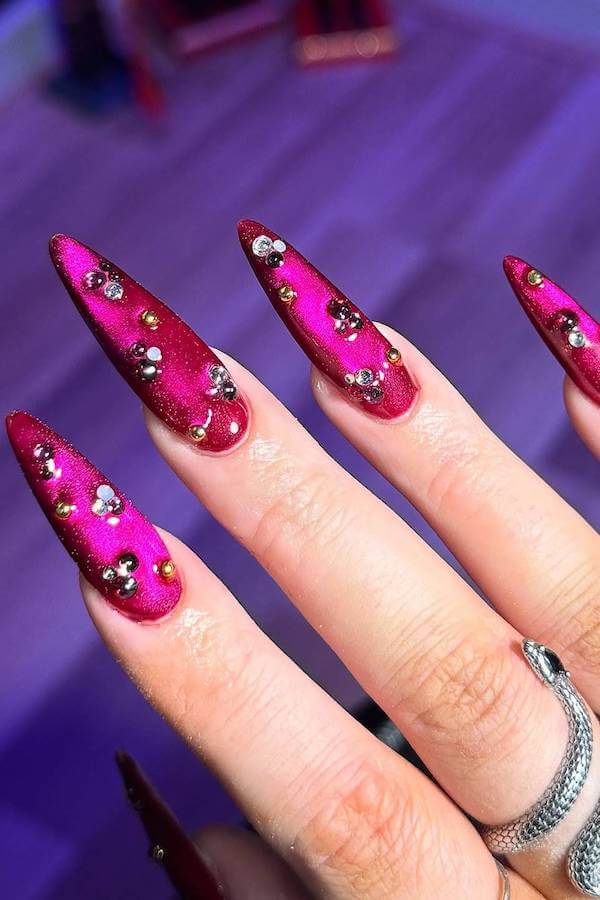 Hot Pink Cat Eye Nails with Gems