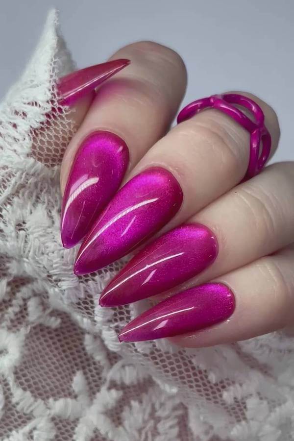 Hot Pink Metallic Cat Eye Stiletto Nails