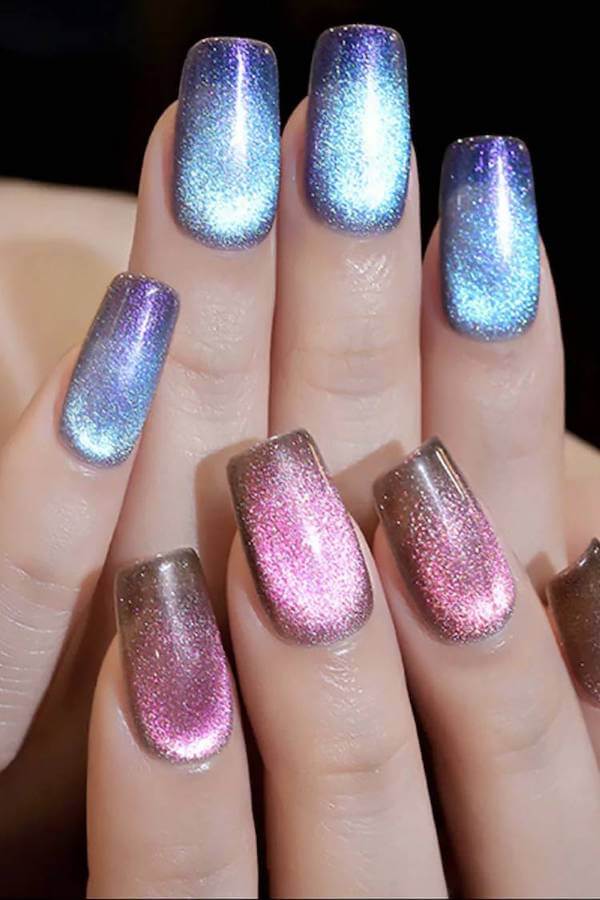 Blue and Pink Chrome Cat Eye Nails