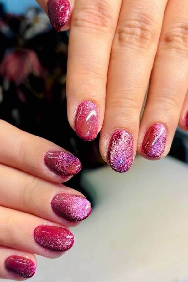 Deep Pink Cat Eye Nails with Shimmer Finish