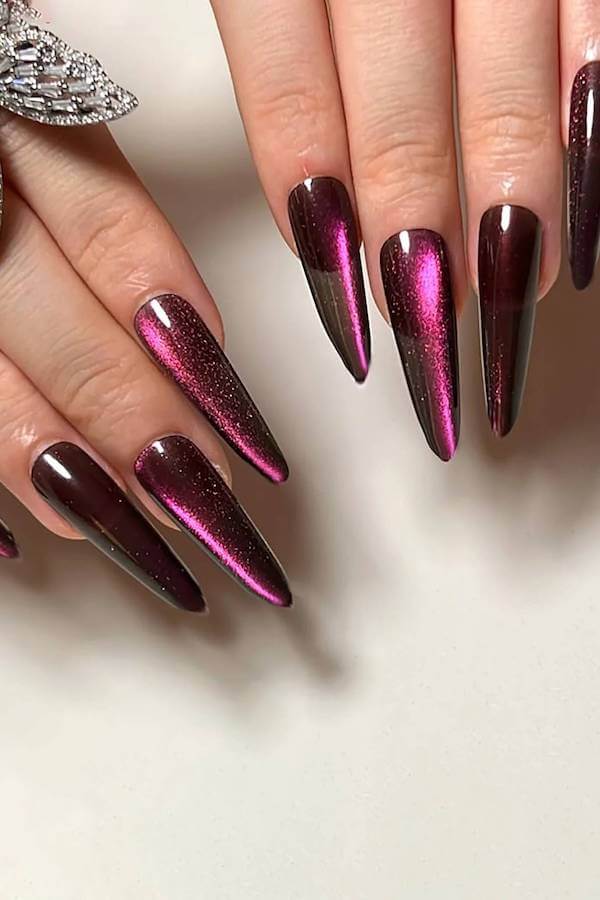 Dark Pink Cat Eye Stiletto Nails