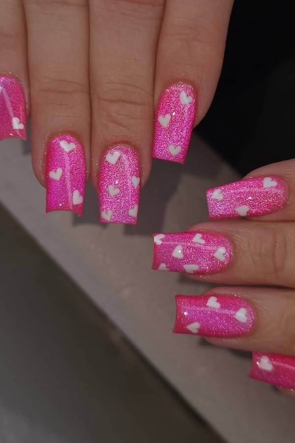 Glitter Pink Cat Eye Nails with Hearts