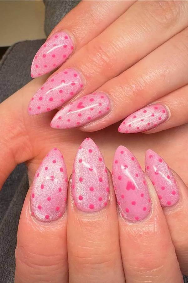 Pink Cat Eye Nails with Polka Dots